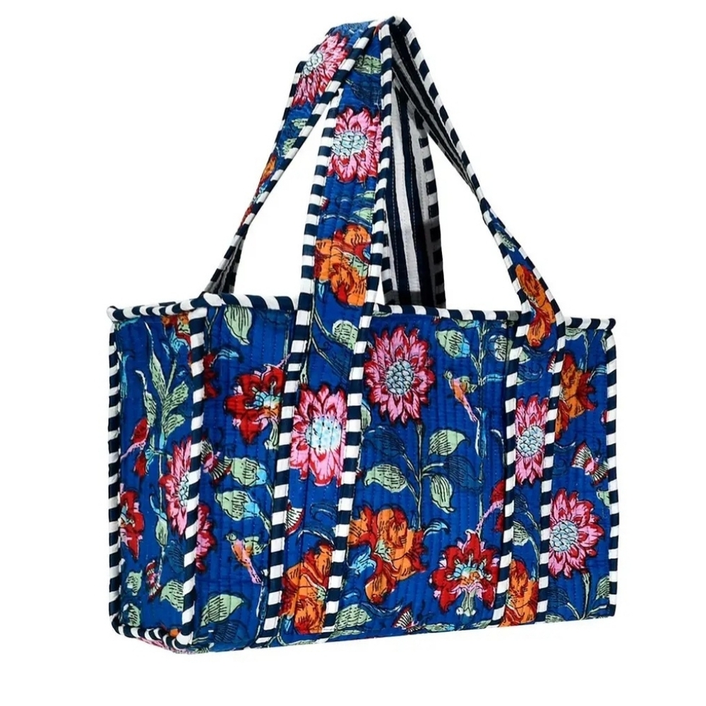 Quilted Floral Tote Bag in Blue